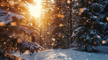 A Snowy Forest With A Bright Sun Shining Through The Trees