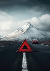 Wall Mural - Red warning triangle is on wet road while bad weather, car accident. Generative Ai.