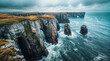 Panorama view of a cliff on a coast with stormy waves in the sea
