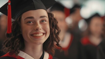 happy brunette grad girl in black mortarboard and red tassel, celebrating success with classmates, holding diploma in hand