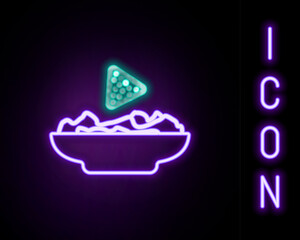 Sticker - Glowing neon line Nachos in plate icon isolated on black background. Tortilla chips or nachos tortillas. Traditional mexican fast food. Colorful outline concept. Vector