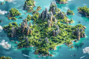 Vibrant volumetric of fantasy islands with whimsical landscapes, featuring towering peaks, lush greenery, and quaint villages amidst tranquil azure waters