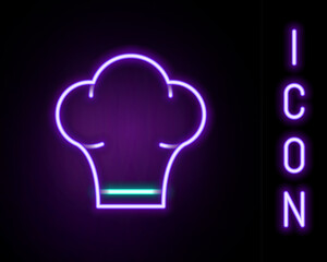 Canvas Print - Glowing neon line Chef hat icon isolated on black background. Cooking symbol. Cooks hat. Colorful outline concept. Vector