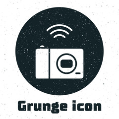 Poster - Grunge Smart photo camera system icon isolated on white background. Internet of things concept with wireless connection. Monochrome vintage drawing. Vector