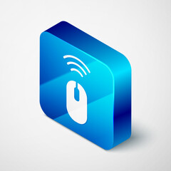 Poster - Isometric Wireless computer mouse system icon isolated on grey background. Internet of things concept with wireless connection. Blue square button. Vector