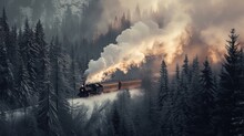 A Train Traveling Through A Forest Filled With Lots Of Smoke And Smoke Coming Out Of The Top Of The Train.
