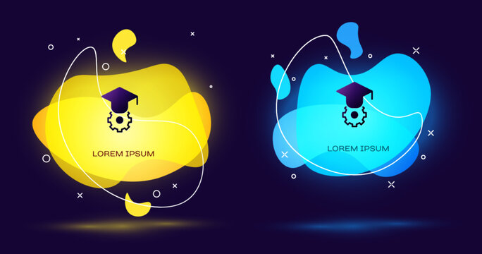 Black Graduation cap icon isolated on black background. Graduation hat with tassel icon. Abstract banner with liquid shapes. Vector