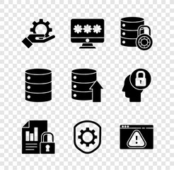 Poster - Set Hand settings gear, Monitor with password, Server security lock, Document, Shield, Browser exclamation mark, Server, Data, Web Hosting and icon. Vector