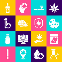 Wall Mural - Set Glass bong for smoking cannabis, Plastic bag of, Cookies with marijuana, Smoking pipe, Legalize globe, Chemical test tube, Marijuana olive oil and Shield and leaf icon. Vector