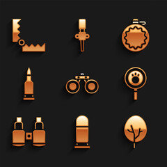 Sticker - Set Binoculars, Bullet, Tree, Paw search, Canteen water bottle and Trap hunting icon. Vector