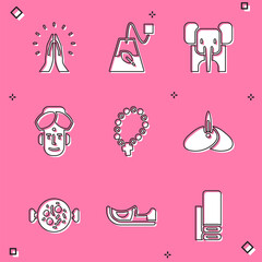 Sticker - Set Hands in praying position, Tea bag, Elephant, Indian man, Rosary beads religion, headgear turban, Chicken tikka masala and shoes icon. Vector