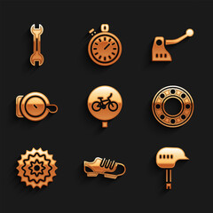 Wall Mural - Set Bicycle, shoes, helmet, ball bearing, cassette, bell, brake and Wrench spanner icon. Vector