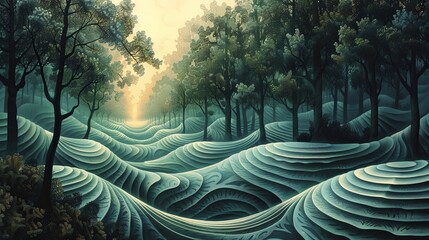Wall Mural - Digital art depicting a tranquil forest scene with stylized wave patterns on the terrain, bathed in a serene, golden sunrise light.