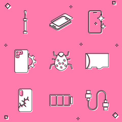 Poster - Set Screwdriver, Glass screen protector, Phone repair service, System bug, Micro SD memory card, Mobile with broken and Battery icon. Vector
