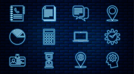 Poster - set line human head with gear inside, time management, chat, calculator, pie chart infographic, phon