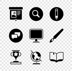 Poster - Set Projection screen, Magnifying glass, Pencil, Award cup, Earth globe, Open book, Speech bubble chat and Computer monitor icon. Vector