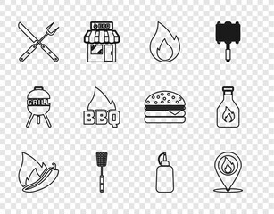 Poster - Set line Hot chili pepper pod, Location with fire flame, Fire, Barbecue spatula, Crossed fork and knife, Mustard bottle and Ketchup icon. Vector