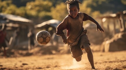 A poor, beggar, talented happy black African boy plays football with a soccer ball in his village.