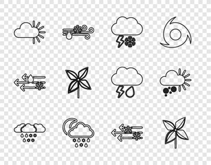 Sticker - Set line Cloud with snow and rain, Pinwheel, lightning, snow, moon, Cloudy, Wind and icon. Vector