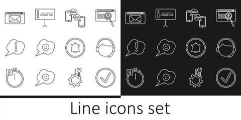 Sticker - Set line Check mark in circle, Man with headset, Chat messages on mobile, Speech bubble sad smile, Exclamation, Mail and e-mail, Button chat notification and Information icon. Vector