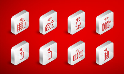 Poster - Set line Smart thermometer, home with wireless, table lamp, heating radiator, Wireless keyboard, tablet, smartphone and mouse icon. Vector