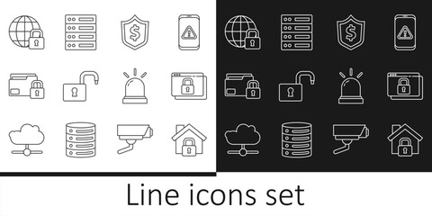 Poster - Set line House under protection, Secure your site with HTTPS, SSL, Shield dollar, Open padlock, Folder and, Global lockdown, Motion sensor and Server, Data, Web Hosting icon. Vector