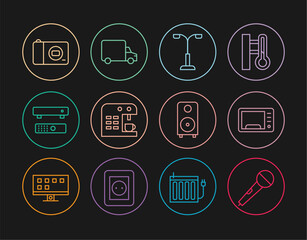 Poster - set line microphone, microwave oven, street light, coffee machine, multimedia and tv box, photo came
