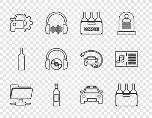 Sticker - Set line FTP folder, Bottles of wine in box, Car service, Headphones and CD or DVD, Police car flasher and Music book with note icon. Vector