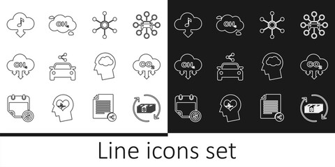 Canvas Print - Set line Refund money, CO2 emissions in cloud, Network, Car sharing, Methane reduction, Cloud download music, Head silhouette with and icon. Vector