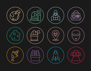 Poster - Set line UFO flying spaceship, Alien, Rocket, Astronomical observatory, Asteroid, Earth globe, and Astronaut helmet icon. Vector