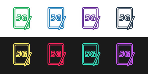 Poster - Set line Graphic tablet with 5G wireless internet wifi icon isolated on black and white background. Global network high speed connection data rate technology. Vector