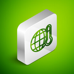 Isometric line Planet earth melting to global warming icon isolated on green background. Ecological problems and solutions - thermometer. Silver square button. Vector