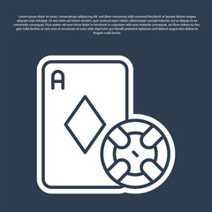 Poster - Blue line Casino chip and playing cards icon isolated on blue background. Casino poker. Vector