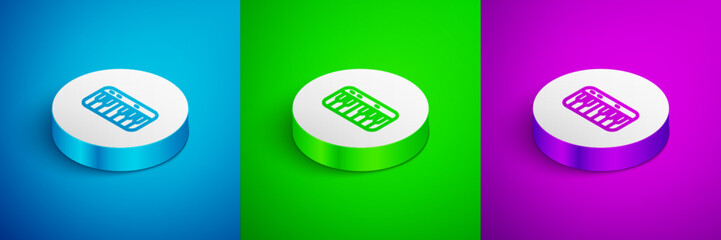 Sticker - Isometric line Music synthesizer icon isolated on blue, green and purple background. Electronic piano. White circle button. Vector