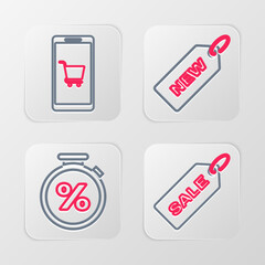Poster - set line price tag with sale, stopwatch and percent, new and mobile shopping cart icon. vector
