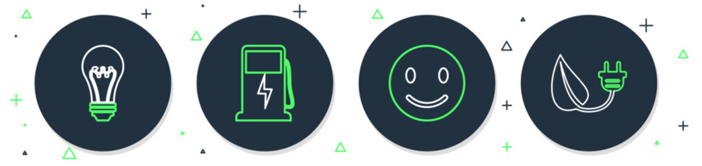 Poster - Set line Electric car charging station, Smile face, Light bulb and saving plug leaf icon. Vector