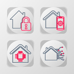 Poster - set line smart home, remote control system and house under protection icon. vector