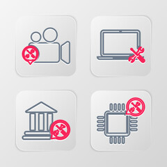 Poster - Set line Processor service, Bank building, Laptop and Video camera icon. Vector