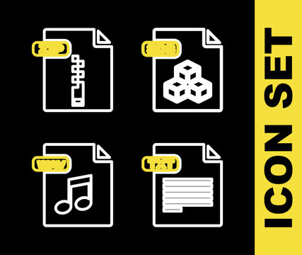 Set line 3DS file document, TXT, WAV and ZIP icon. Vector