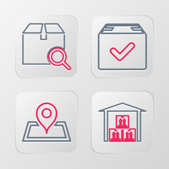 Sticker - Set line Warehouse, Placeholder on map, Package box with check mark and Search package icon. Vector