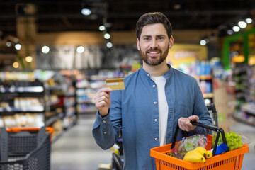 A young adult man holding a credit card and a basket full of fresh produce, ready for checkout at a modern supermarket. Emphasizing convenience and lifestyle.