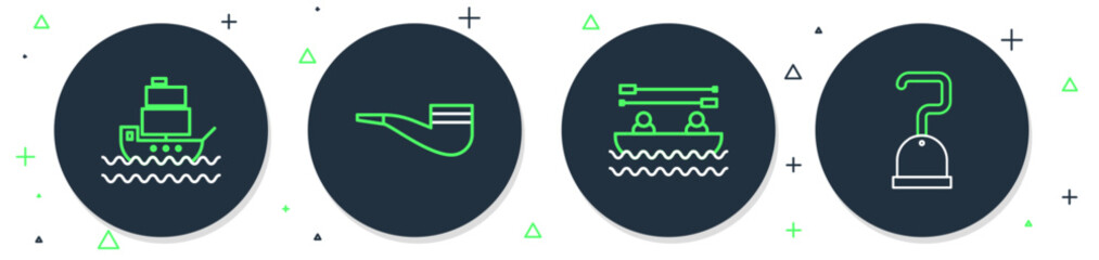 Poster - set line smoking pipe, boat with oars, ship and pirate hook icon. vector