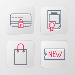 Poster - set line price tag with text new, paper shopping bag, certificate template and credit card lock icon