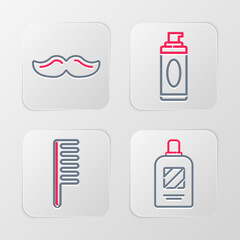 Sticker - Set line Bottle of shampoo, Hairbrush, Shaving gel foam and Mustache icon. Vector