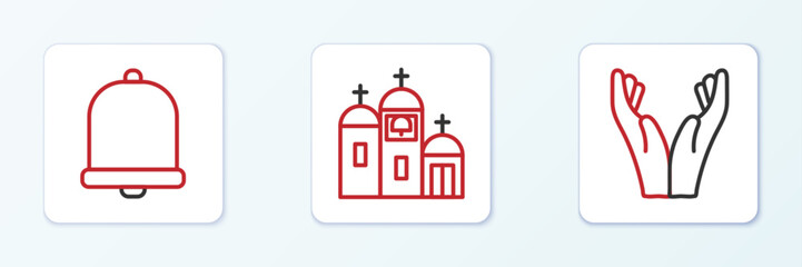 Poster - Set line Hands in praying position, Church bell and building icon. Vector