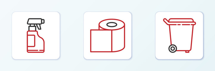 Poster - set line trash can, spray bottle with detergent liquid and toilet paper roll icon. vector