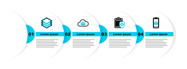 Poster - Set line Smartphone with upload, Clipboard medical insurance, Cloud and Layers icon. Vector