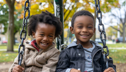 two african american children with happy faces playing on the swing in a public park. happy kids pla