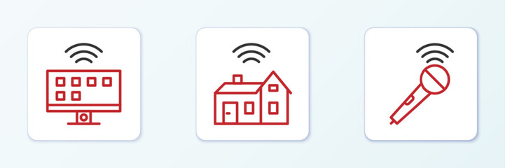 Poster - set line wireless microphone, smart tv system and home with wireless icon. vector