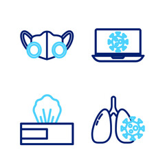 Poster - Set line Virus cells in lung, Wet wipe pack, statistics on laptop and Medical protective mask icon. Vector